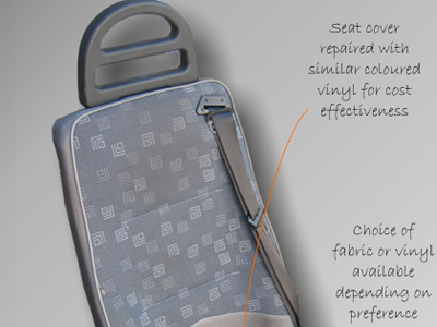 Minibus seat - Base cover repaired in grey vinyl